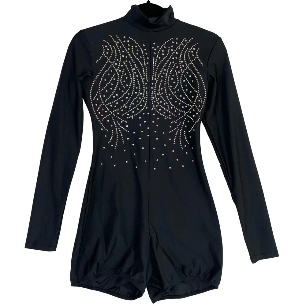 Alexandra Collection Leotard Women's Large Black Long Sleeve Romper Rhinestone‎